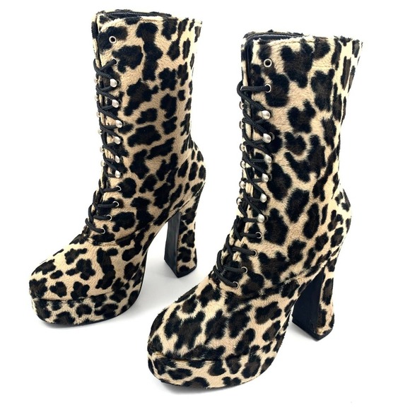 90's fuzzy leopard platform lace up boots - Picture 8 of 12